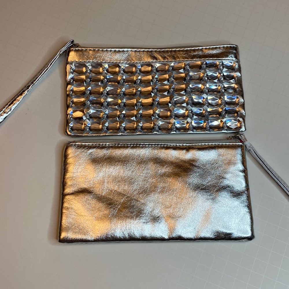 Small Silver Wristlet Purse Clear Pink Gem Clutch Sparkly Rhinestone Bag NWOT